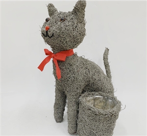 Grey Brushwood Sitting Cat Planter 43cm